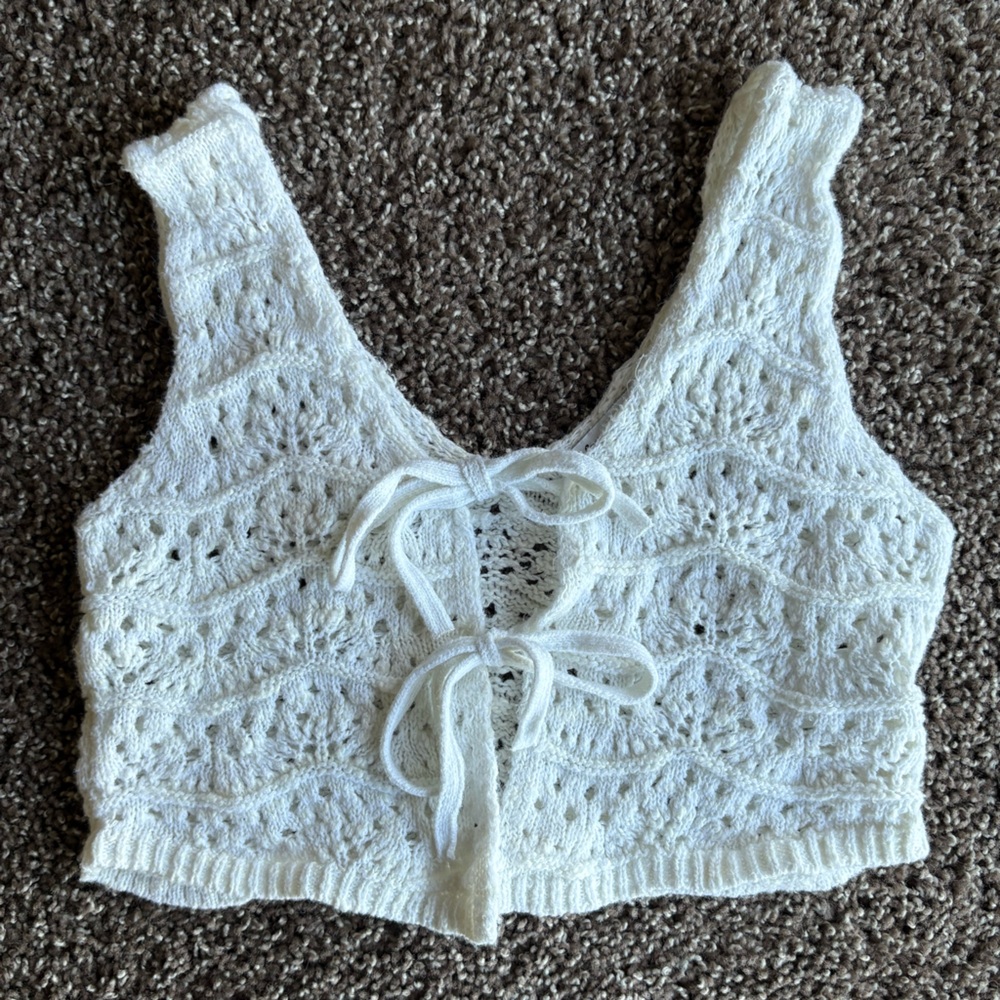 Knit White Crochet Lace Crop Top with Tie